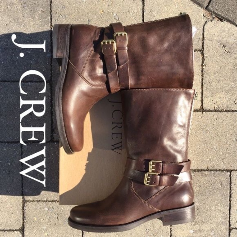 J Crew leather buckled boots gold brown
